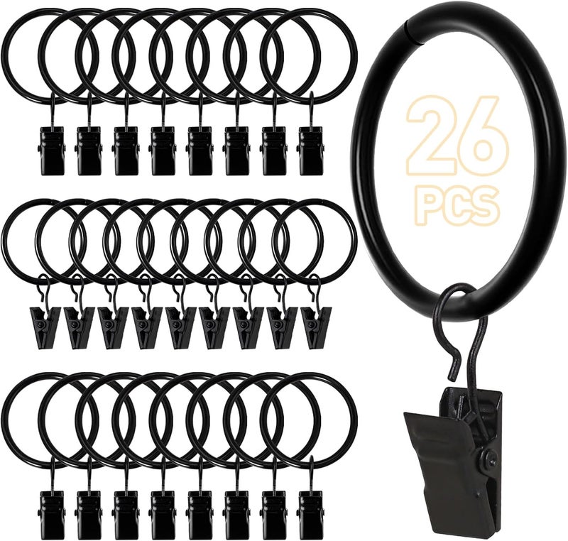 Ninsula 26 PCS Curtain Rings with Clips, Curtain Hooks for Drapes, Curtain Clips with Rings 1.26” Interior Diameter, Black Curtain Rings Fit up to 1 inch Curtain Rod - Image 1